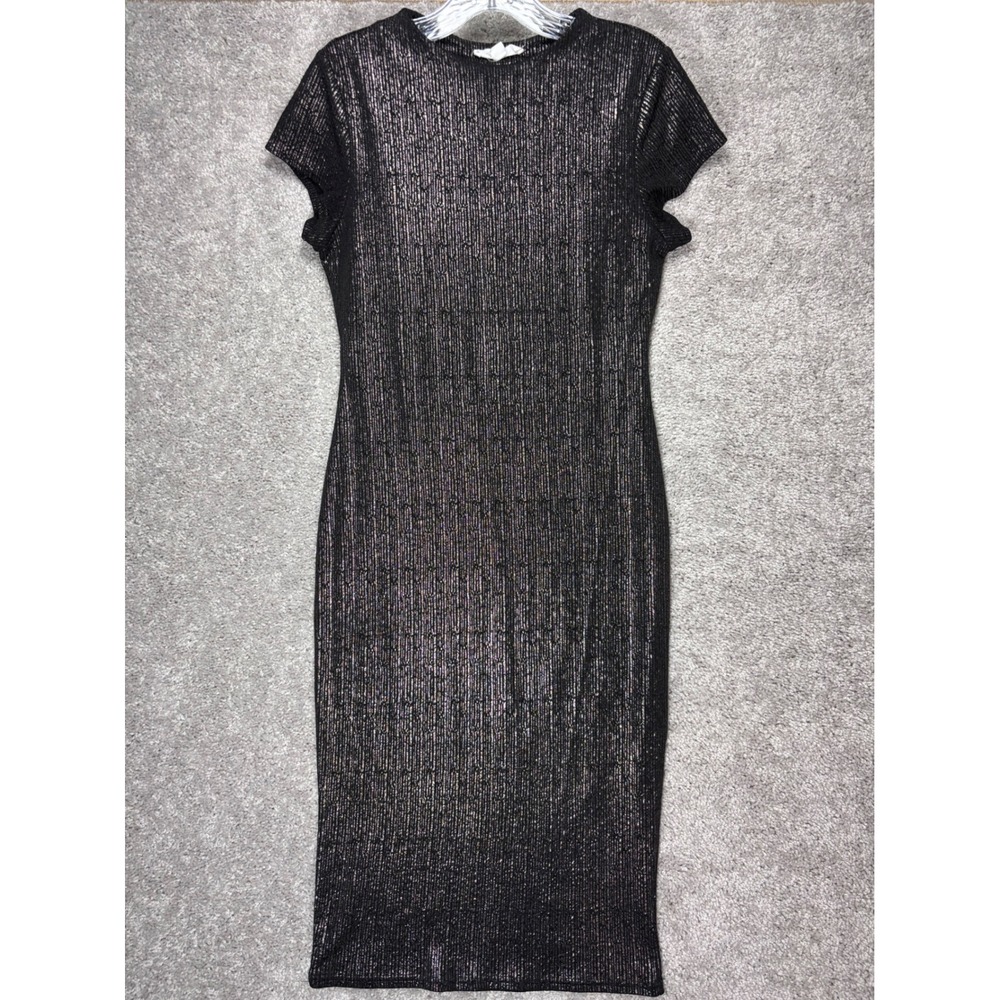 Stella Luce Womens Black Silver Metallic Shimmer Midi Bodycon Dress HD6181S-TM L